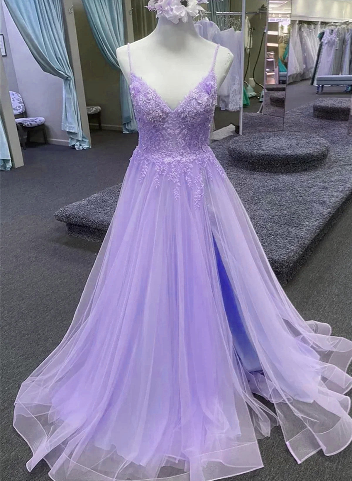 Solvbao Light Purple A-line Tulle with Lace Prom Dress, Light Purple Long Evening Dress