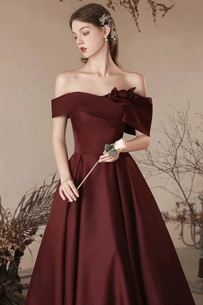 solvbao Chic Burgundy Satin Off Shoulder Party Dress, Satin Simple Prom Dress