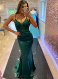 solvbao Chic Green Mermaid Straps V-neckline Satin Long Prom Dress, Green Evening Dress