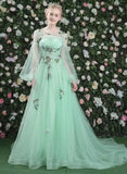 Solvbao Light Green Puffy Sleeves Long Formal Dress, Green Long Tulle Party Dress