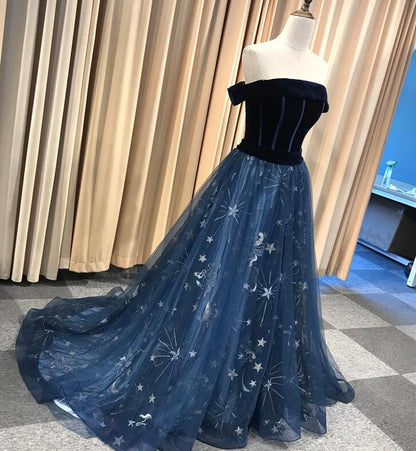 Solvbao Navy Blue New Style Long Off Shoulder Prom Dress, A-line Formal Dress, Evening Dress