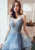 Solvbao Blue V-neckline Lace Applique Layers Straps Formal Gown, Blue Prom Dress Party Dress