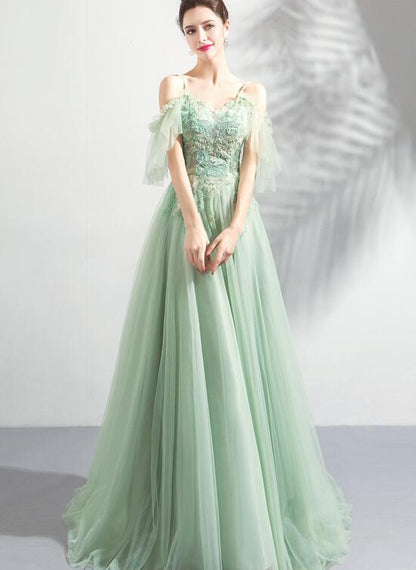 solvbao Light Green Lace Flowers V-neckline Straps Long Tulle Prom Dress, A-line Evening Dress Party Dress