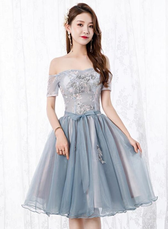 Solvbao Lovely Organza Tulle Grey-Blue Short Sweetheart Lace Homecoming Dress, Short Party Dress