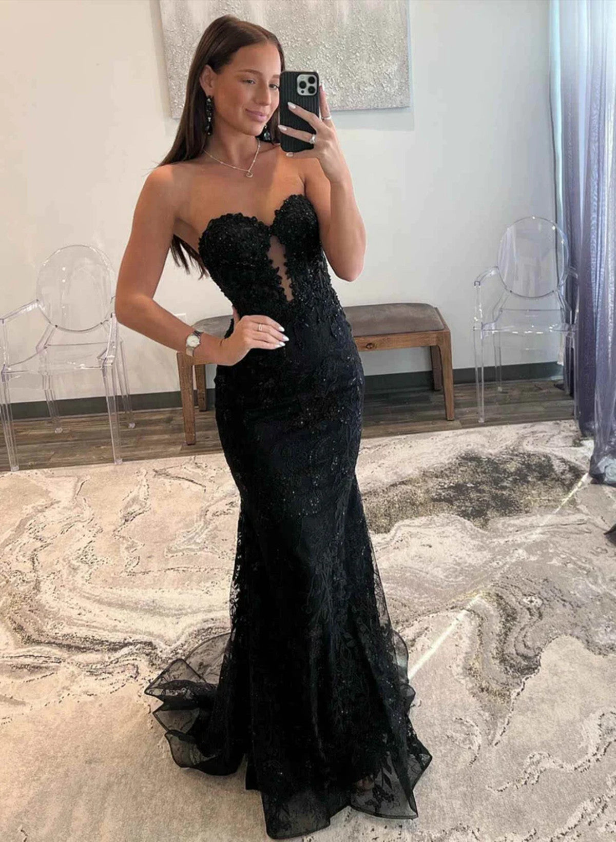 solvbao Black Lace Mermaid Sweetheart Long Party Dress, Black Lace Prom Dress