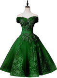 Solvbao Green Off Shoulder Tea Length Party Dress with Lace, Green Formal Dress Prom Dress