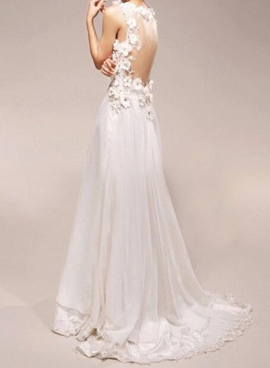 solvbao Simple Sexy See Through Back Floral Wedding Dresses, Simple Bridal Gown, Lovely Formal Dresses