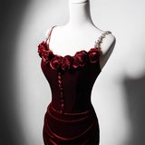 Solvbao Wine Red Velvet Mermaid Long Straps Evening Dress, Wine Red Velvet Party Dress