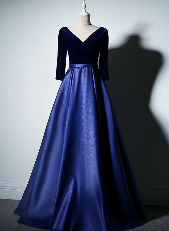 Solvbao Charming Royal Blue Satin with Velvet Long Prom Dress, Bridesmaid Dress