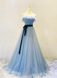 Solvbao Beautiful Blue Tulle Shiny Long Party Dress with Belt, A-line Blue Formal Dresses