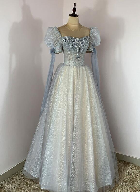 Solvbao Blue and Champagne Tulle Beaded Shiny Tulle Prom Dresses, A-line Long Party Dresses