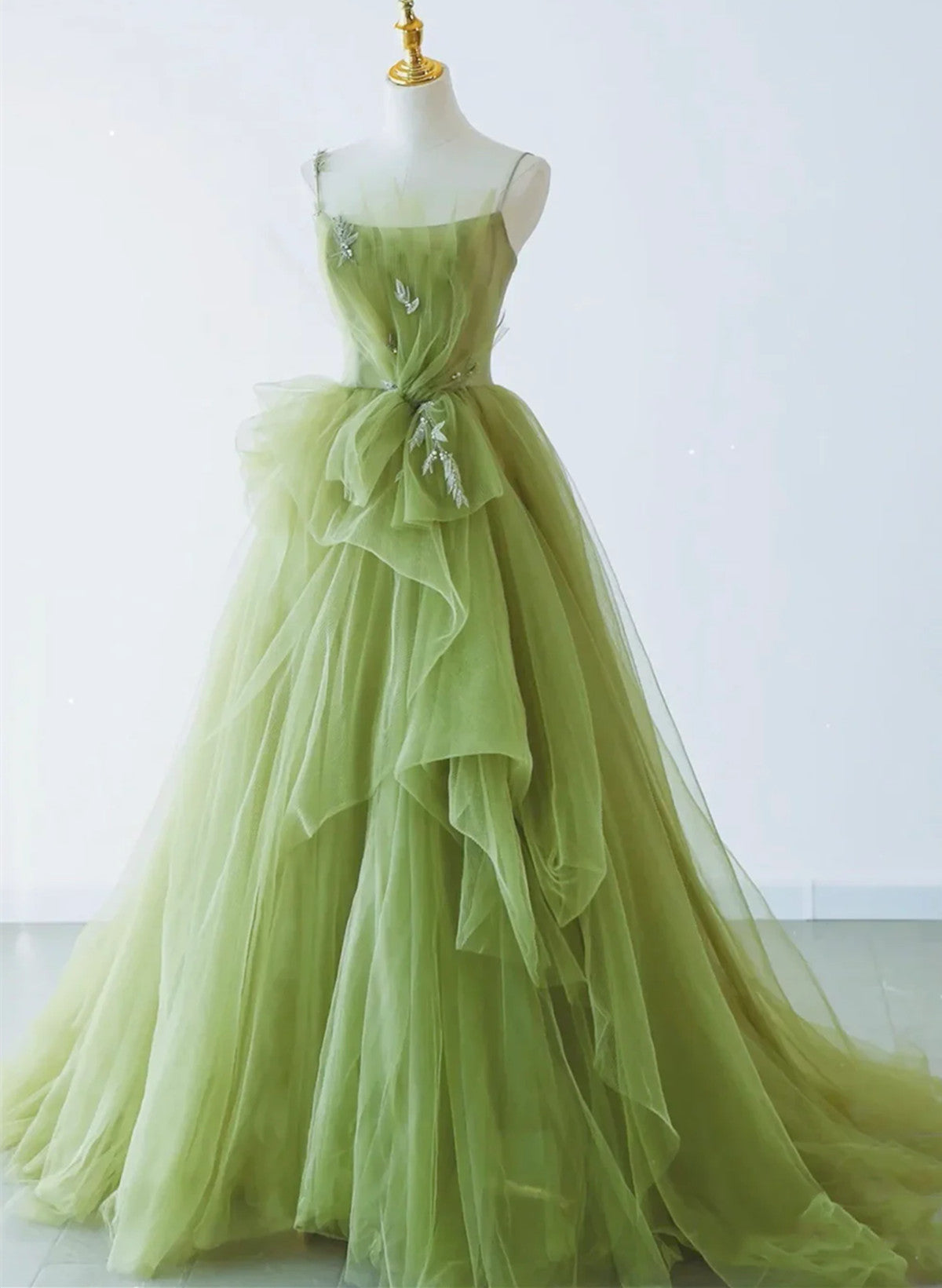 solvbao Light Green Tulle Beaded Long Prom Dress, Light Green Evening Dress