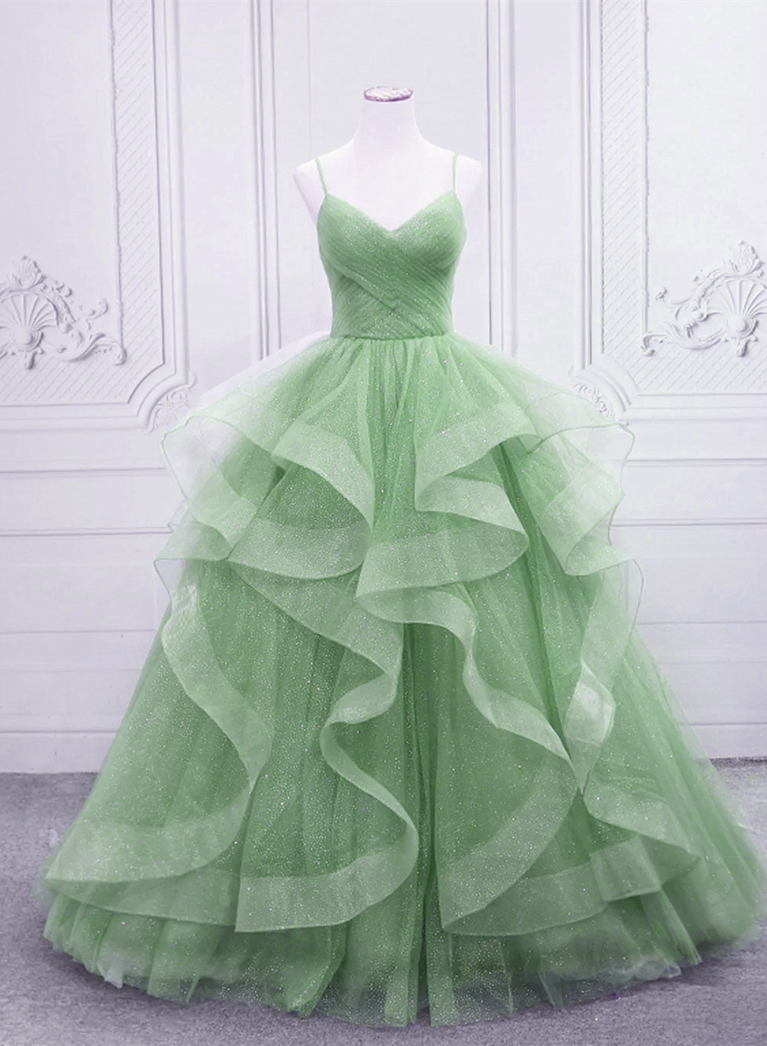 Solvbao Light Green Tulle Layers Long Formal Dress, Green Tulle with Straps Party Dress