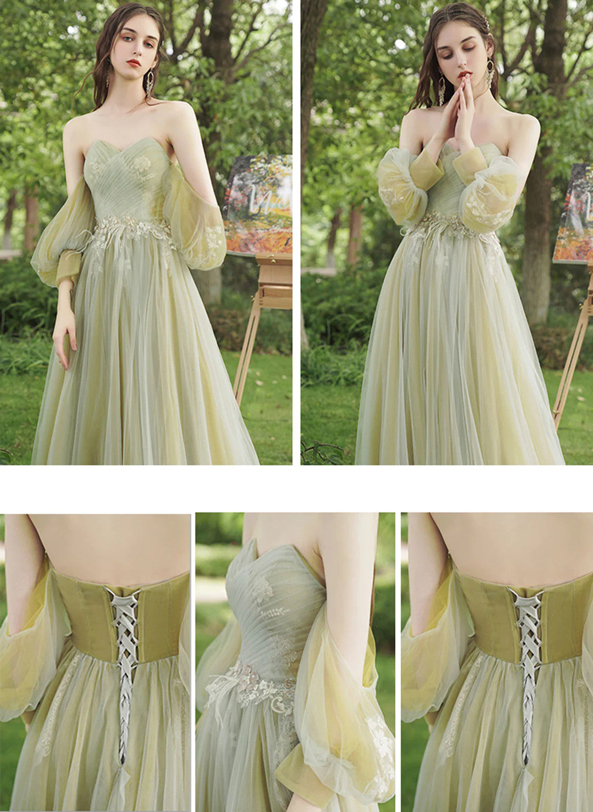 Solvbao A-line Green Tulle Off Shoulder Lace Applique Prom Dress, Green Party Dress