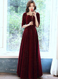 Solvbao Wine Red Velvet Short Sleeves Long Wedding Party Dress, Wine Red Prom Dress