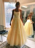 solvbao Light Yellow Lace-up Tulle with Lace Party Dress, A-line Yellow Formal Dress Prom Dress