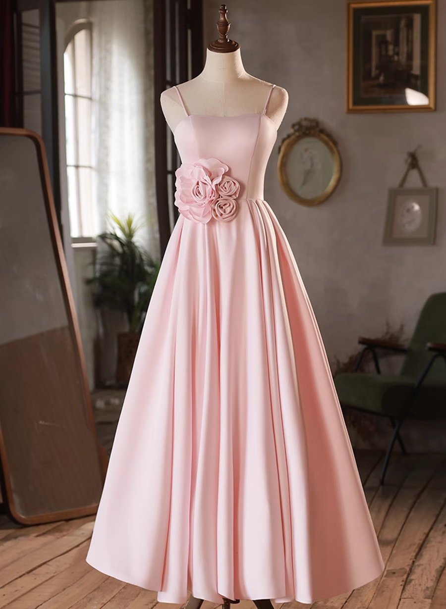 Solvbao Pink Straps Sweetheart Long Satin Wedding Party Dress, Pink Formal Dress Prom Dress