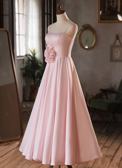 Solvbao Pink Straps Sweetheart Long Satin Wedding Party Dress, Pink Formal Dress Prom Dress