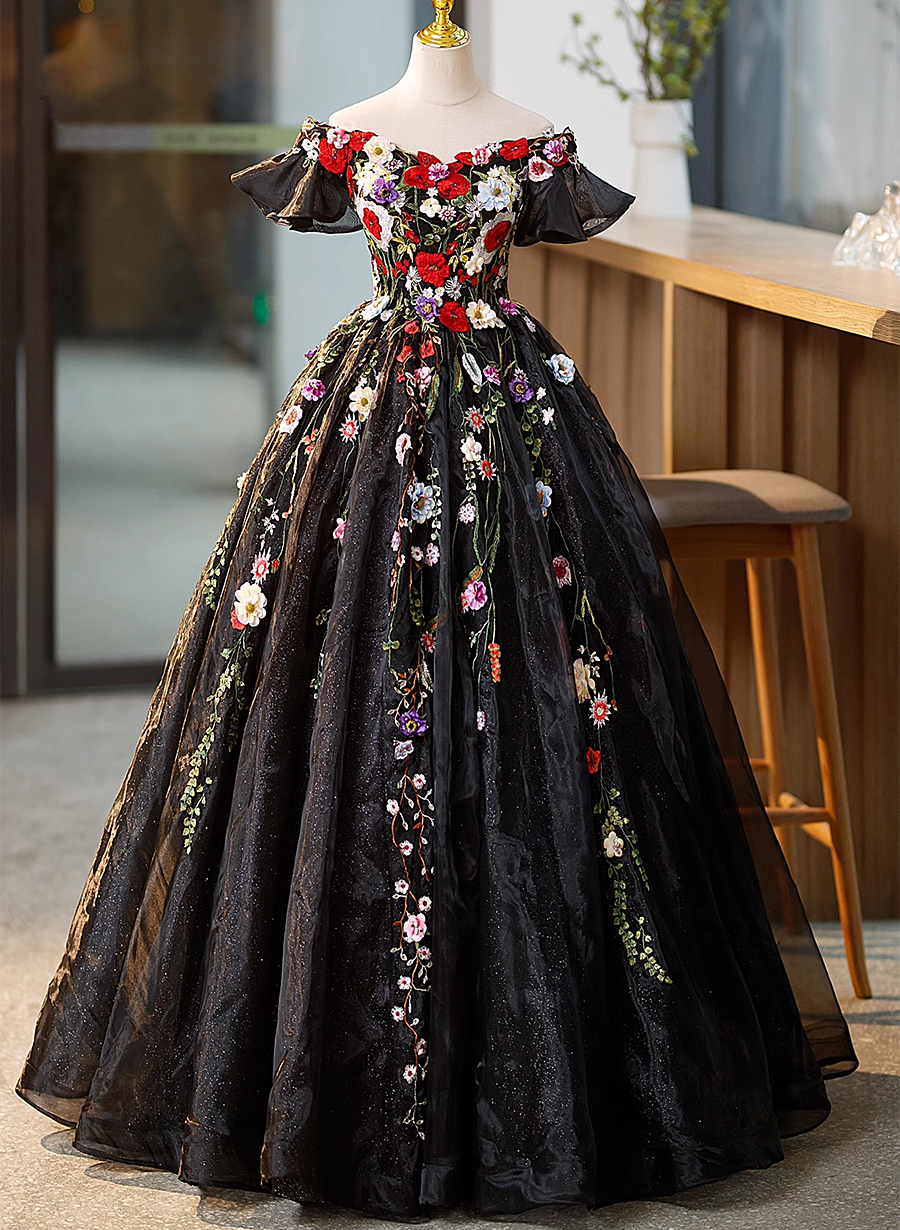 Solvbao Black Off Shoulder Sweet 16 Dresses with Flowers, Black Ball Gown Formal Dress