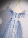 Solvbao Light Blue Off Shoulder Tulle Sweetheart Formal Dress, Light Blue A-line Prom Dress