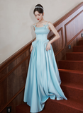 Solvbao Light Blue Satin A-line Long Straps Beaded Formal Dress, Blue Long Evening Dress