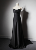 Solvbao Black Soft Satin A-line Floor Length Prom Dress, Black Straps Long Evening Dress