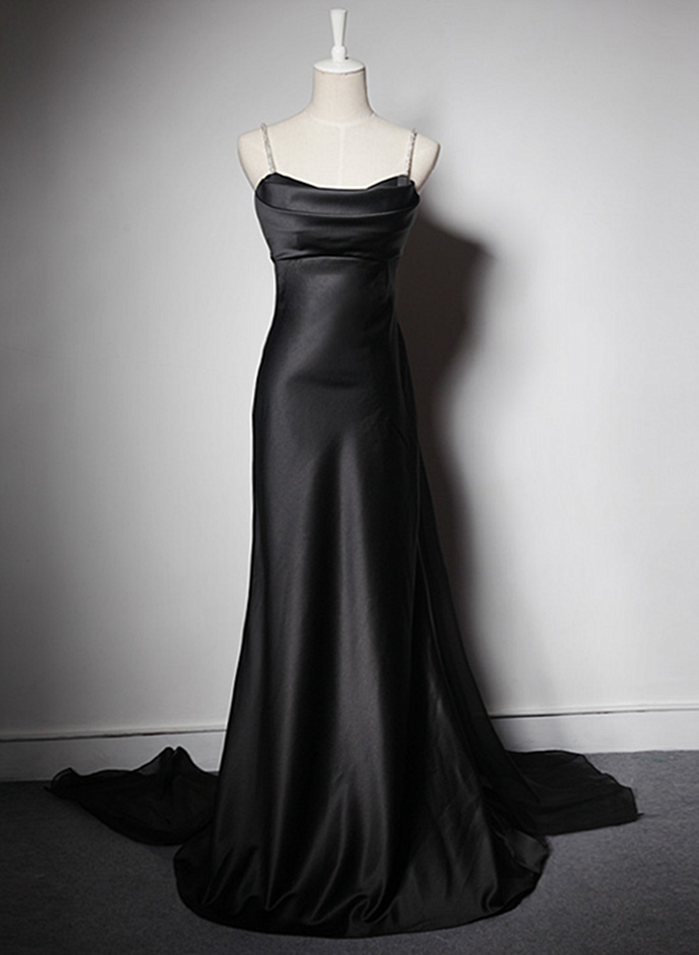 Solvbao Black Soft Satin A-line Floor Length Prom Dress, Black Straps Long Evening Dress