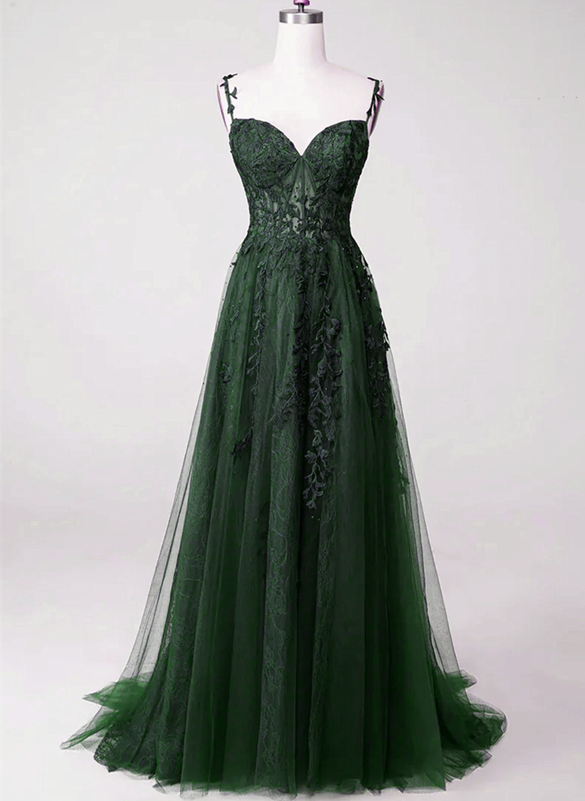 solvbao Dark Green Tulle with Lace Beaded Straps Prom Dress, Green Long Formal Dress Party Dress