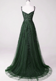 solvbao Dark Green Tulle with Lace Beaded Straps Prom Dress, Green Long Formal Dress Party Dress