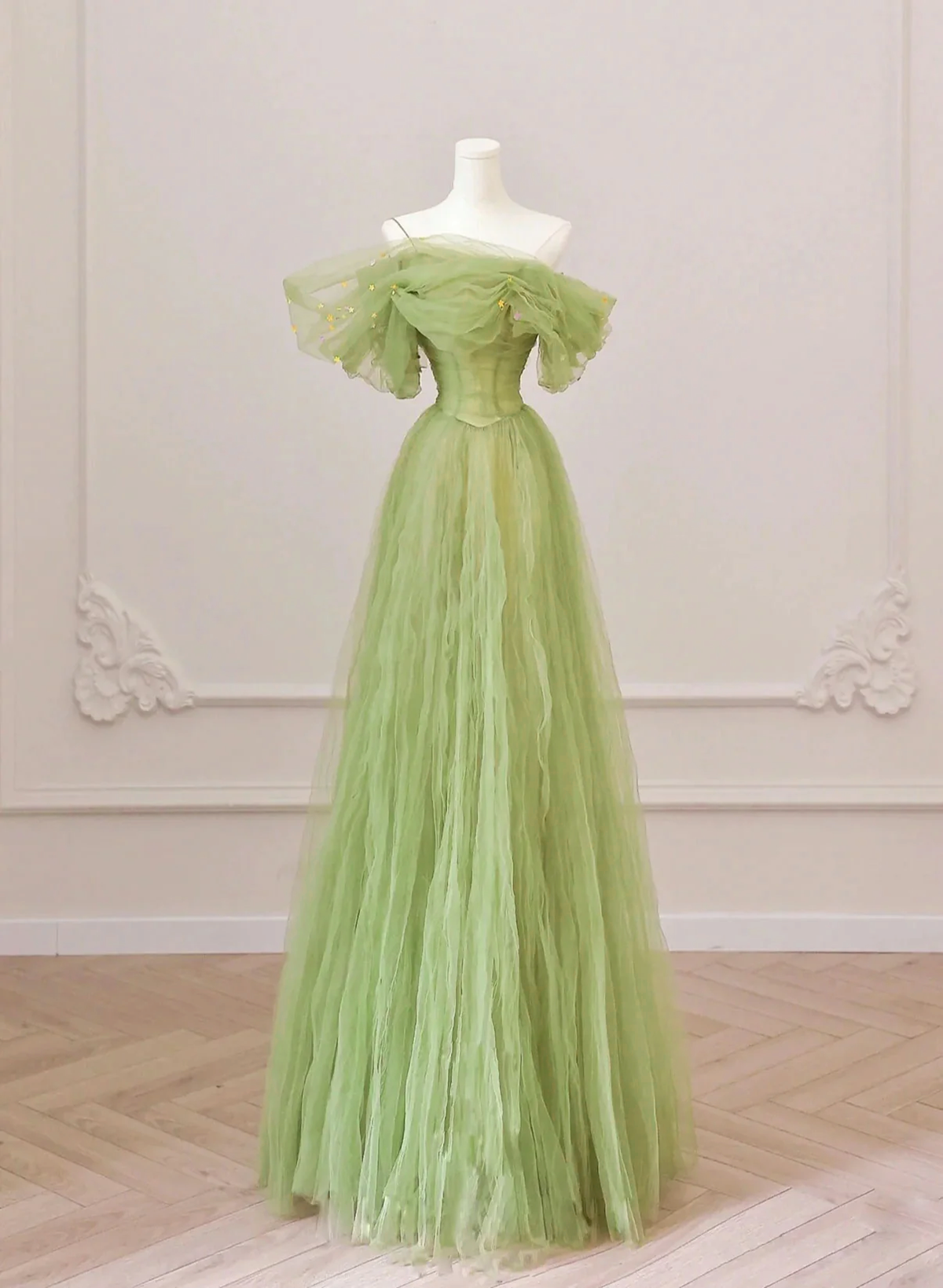 Solvbao Green Floor Length Simple Off Shoulder Long Formal Dress, Green A-line Prom Dress