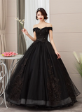 Solvbao Black Sweetheart Tulle Ball Gown Off Shoulder Party Dress, Black Sweet 16 Dress