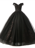 Solvbao Black Sweetheart Tulle Ball Gown Off Shoulder Party Dress, Black Sweet 16 Dress