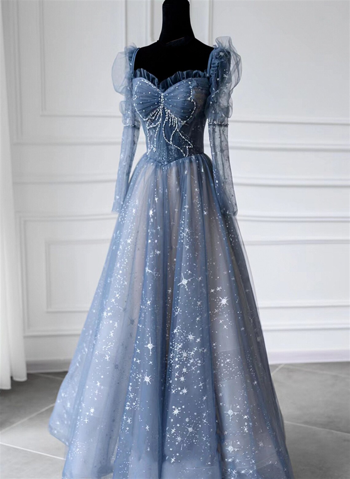 Solvbao Blue Beaded Long Sleeves A-line Tulle Prom Dress, Blue Floor Length Party Dress