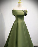 Solvbao Green Scoop Off Shoulder Satin Lace-up Prom Dress, A-line Green Evening Dress