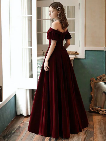 Solvbao Wine Red Velvet Off Shoulder Long Party Dress, A-line Velvet Long Prom Dress