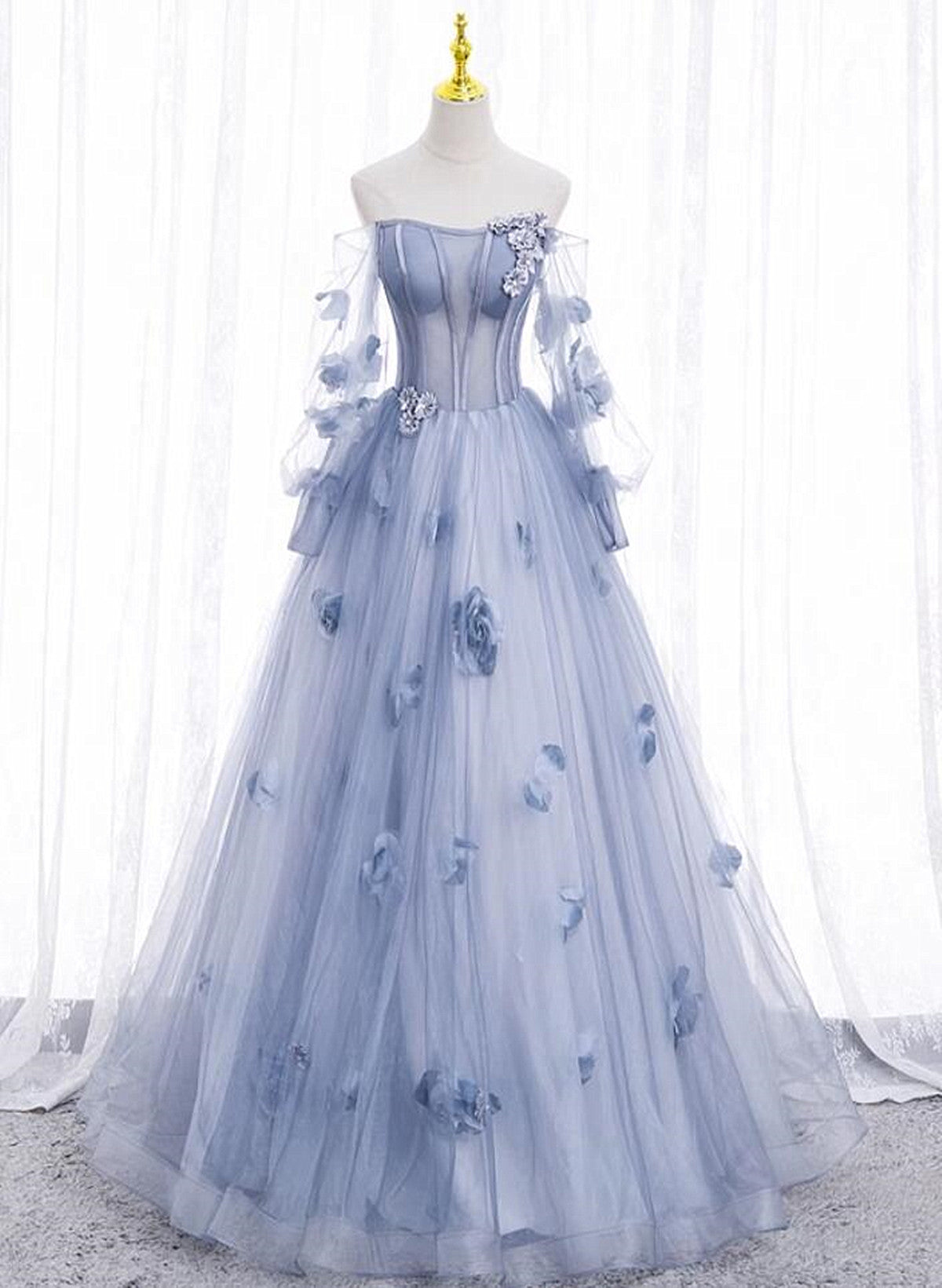 solvbao Light Blue Tulle Long Formal Dress Party Dress, Ball Gown Floral Sweet 16 Dress