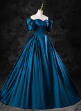 Solvbao Blue Satin Short Sleeves Sweetheart Long Party Dress, Blue A-line Prom Dress Evening Dress