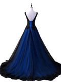 Solvbao Black and Blue Lace Applique V-neclline Tulle Party Dress, A-line Tulle Long Prom Dress