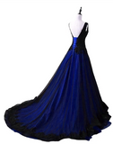 Solvbao Black and Blue Lace Applique V-neclline Tulle Party Dress, A-line Tulle Long Prom Dress