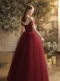 Solvbao Wine Red Sweetheart Beaded Tulle Long Formal Dress, Wine Red Off Shoulder Prom Dress