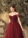 Solvbao Wine Red Sweetheart Beaded Tulle Long Formal Dress, Wine Red Off Shoulder Prom Dress