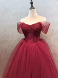 Solvbao Wine Red Sweetheart Beaded Tulle Long Formal Dress, Wine Red Off Shoulder Prom Dress