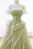 solvbao Light Green Sweetheart Beaded Off Shoulder Party Dress, Light Green Tulle Prom Dress