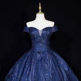 solvbao Navy Blue Ball Gown Lace Off Shoulder Quinceanera Dress, Navy Blue Tulle Formal Dress Prom Dress