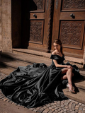 Solvbao Black Off Shoulder Satin Long Party Dress, A-line Black Sweetheart Prom Dress