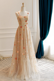 Solvbao Champagne Floral Tulle Straps Sweetheart Wedding Party Dress, A-line Tulle Long Prom Dress