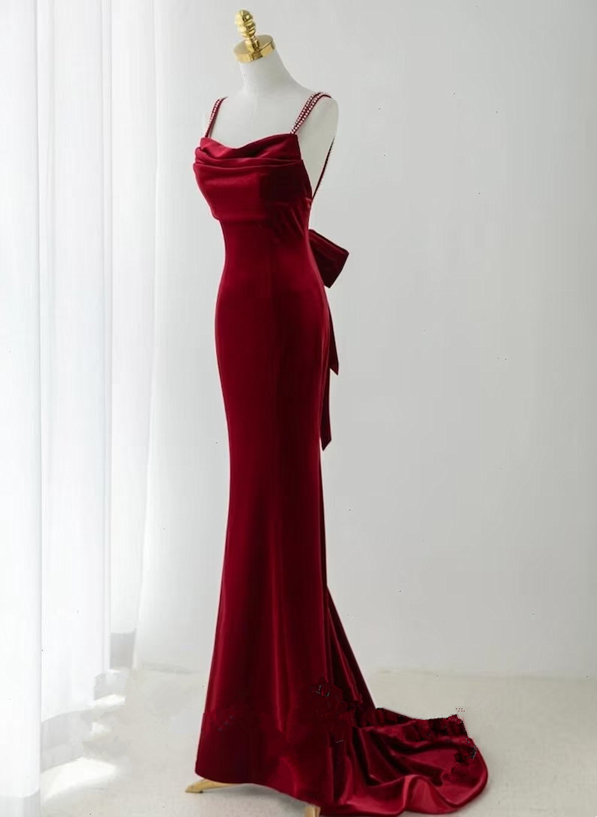 Solvbao Wine Red Velvet Low Back Straps Long Party Dress, Wine Red Wedding Party Dress