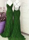 Solvbao Green Lace Mermaid Straps Long Party Dress, Green Lace Wedding Party Dress