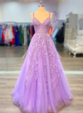 Solvbao A-line Tulle Princess Light Purple Prom Dress with Appliques, Tulle Straps Formal Dress