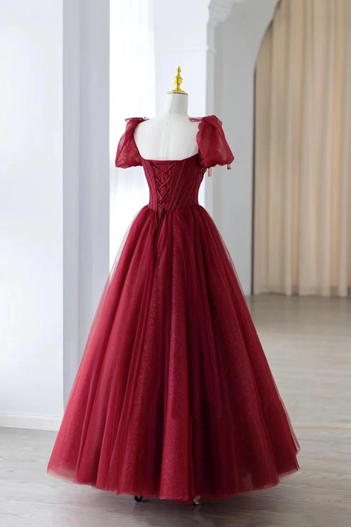 Solvbao Wine Red Tulle A-line Beaded Long Formal Dress, Wine Red Tulle Prom Dress